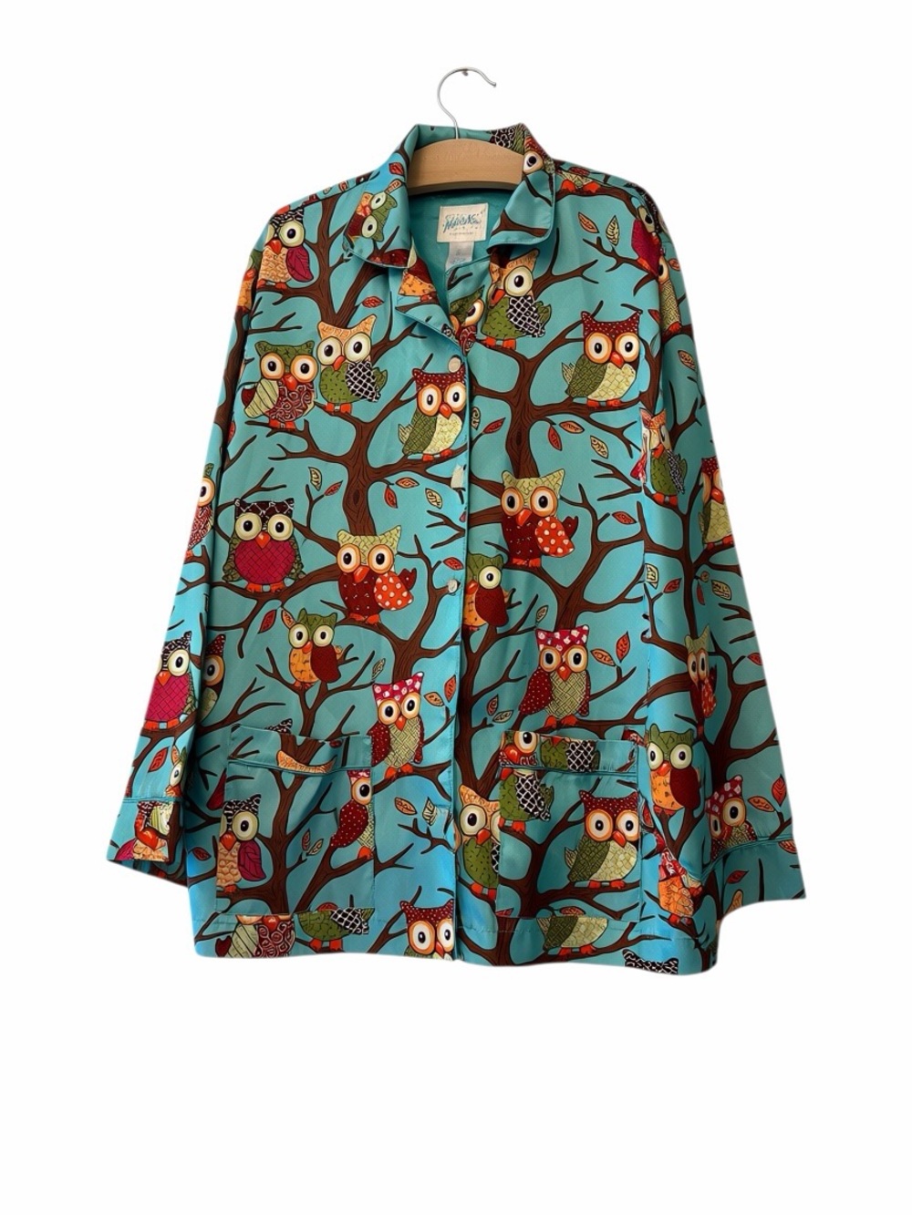 Nick & Nora girls satin Turquoise Owl Print Button-Up pajama Shirt Sz lg 10/12